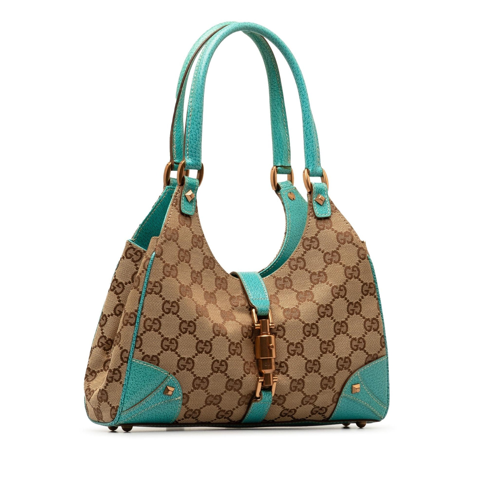 Gucci GG Nailhead Jackie Bardot SHG-eDYueX Canvas Calf Brown Blue Shoulder Bag