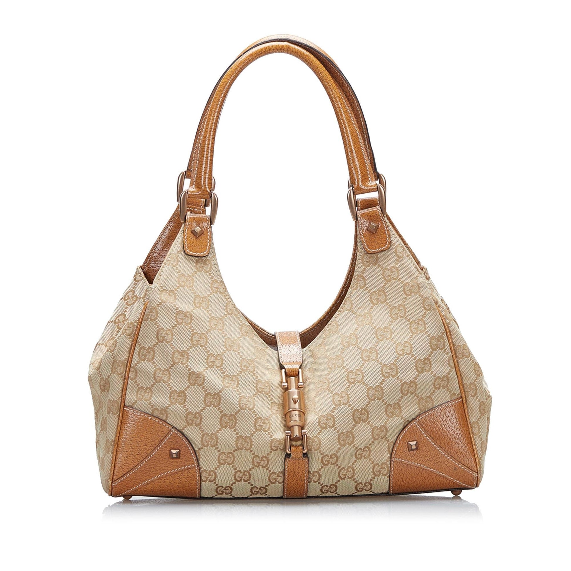 Gucci GG Nailhead Jackie Bardot SHG-LGilwa Canvas Brown Shoulder Bag