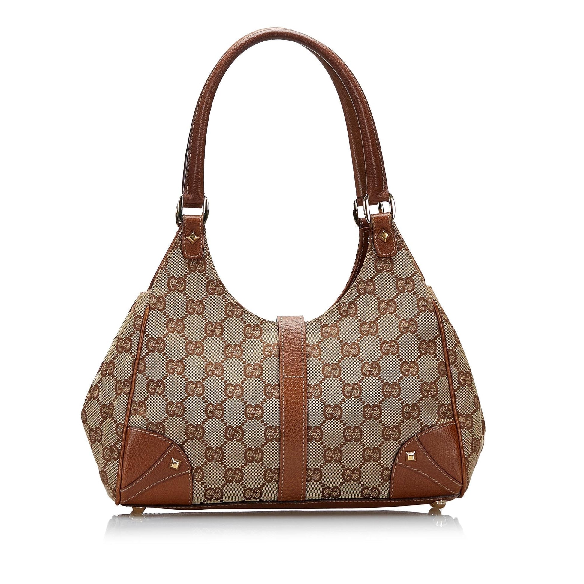 Gucci GG Nailhead Jackie Bardot SHG-6ihMuF Canvas Calf Brown Shoulder Bag