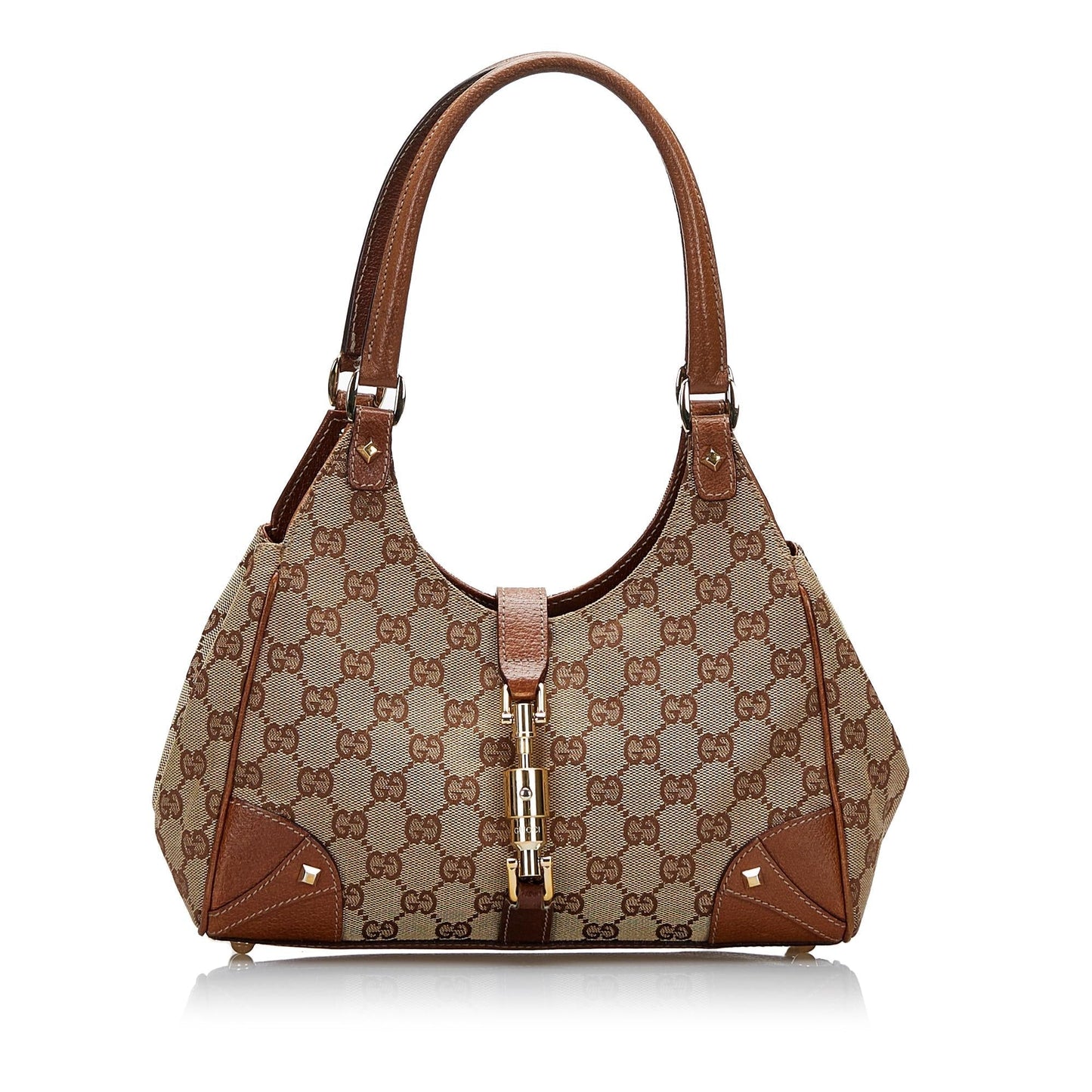 Gucci GG Nailhead Jackie Bardot SHG-6ihMuF Canvas Calf Brown Shoulder Bag
