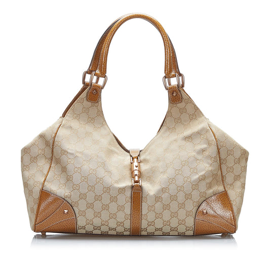 Gucci GG Nailhead Jackie Bardot SHG-Lt4rqL Canvas Brown Shoulder Bag