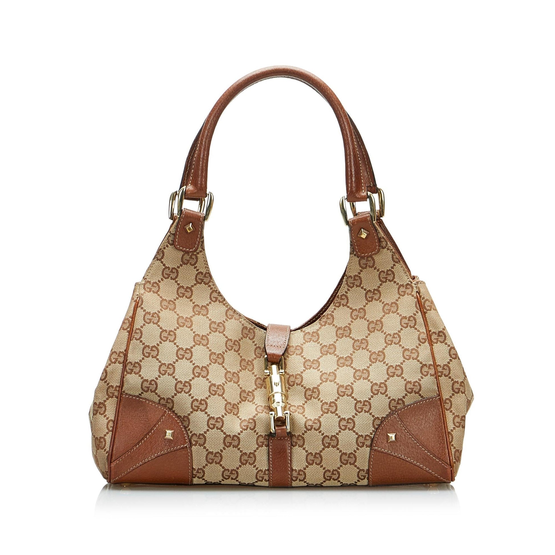 Gucci GG Nailhead Jackie O SHG-m5gHWZ Canvas Calf Brown Satchel Bag