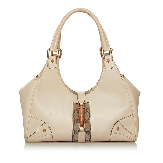 Gucci GG Nailhead Jackie SHG Canvas Calf White Brown Shoulder Bag
