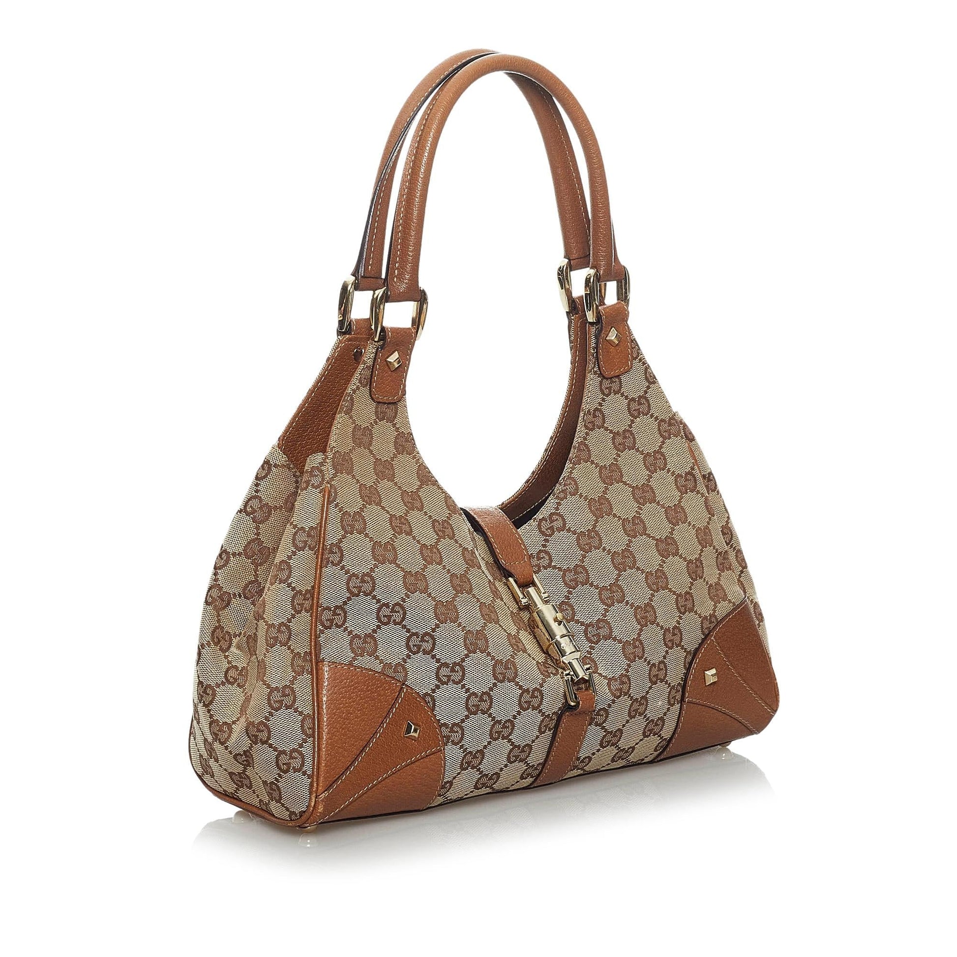 Gucci GG Nailhead Jackie SHG Canvas Calf Brown Shoulder Bag