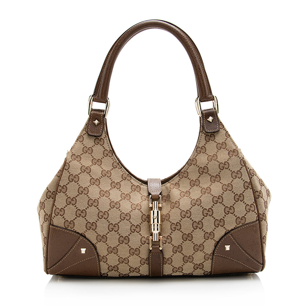 Gucci GG Nailhead Bardot SHF Leather Canvas Brown Beige Shoulder Bag
