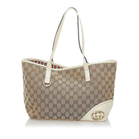 Gucci GG New Britt SHG Canvas Calf White Brown Tote Bag