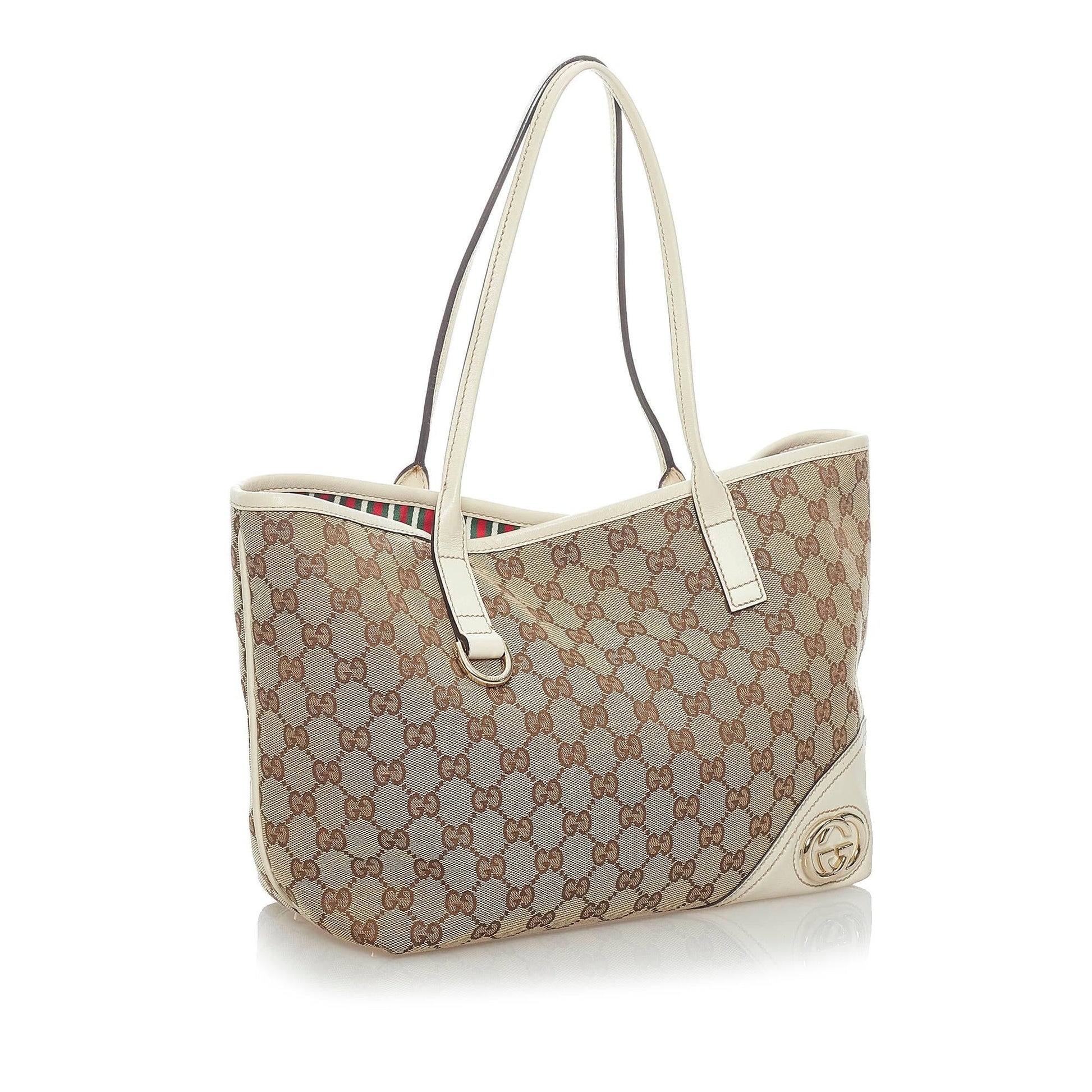 Gucci GG New Britt SHG Canvas Calf White Brown Tote Bag