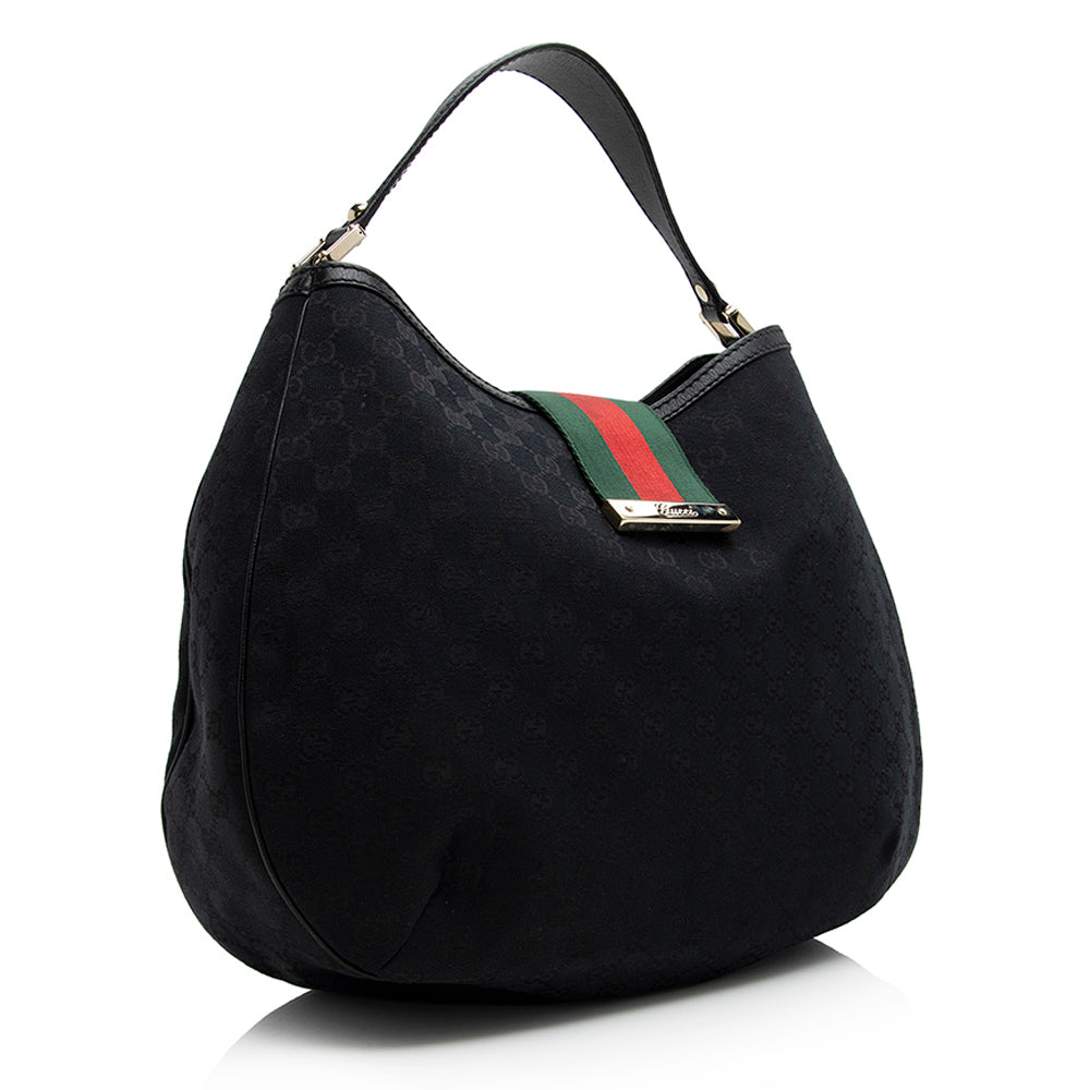 Gucci GG New Ladies Web SHF Leather Canvas Nylon Black Shoulder Bag