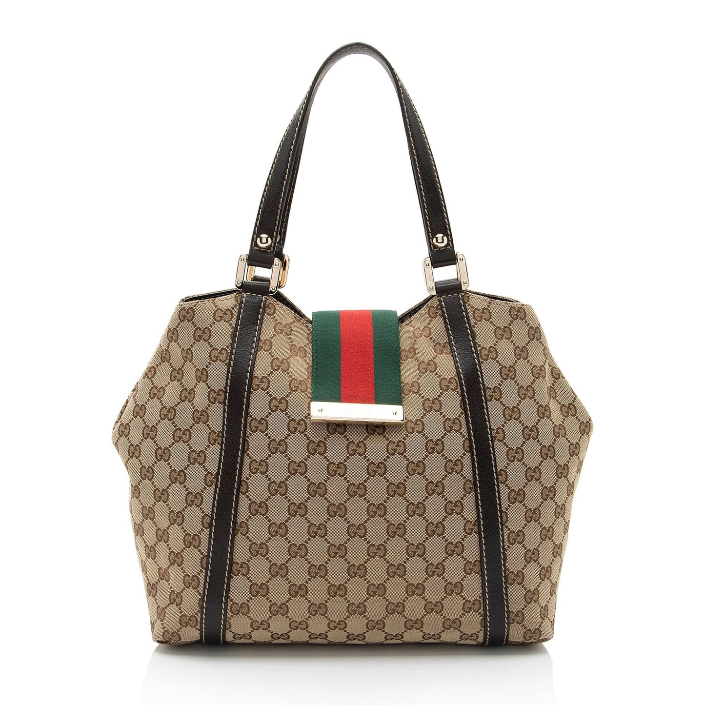 Gucci GG New Ladies Web SHF-eiujZp Leather Canvas Nylon Brown Tote Bag