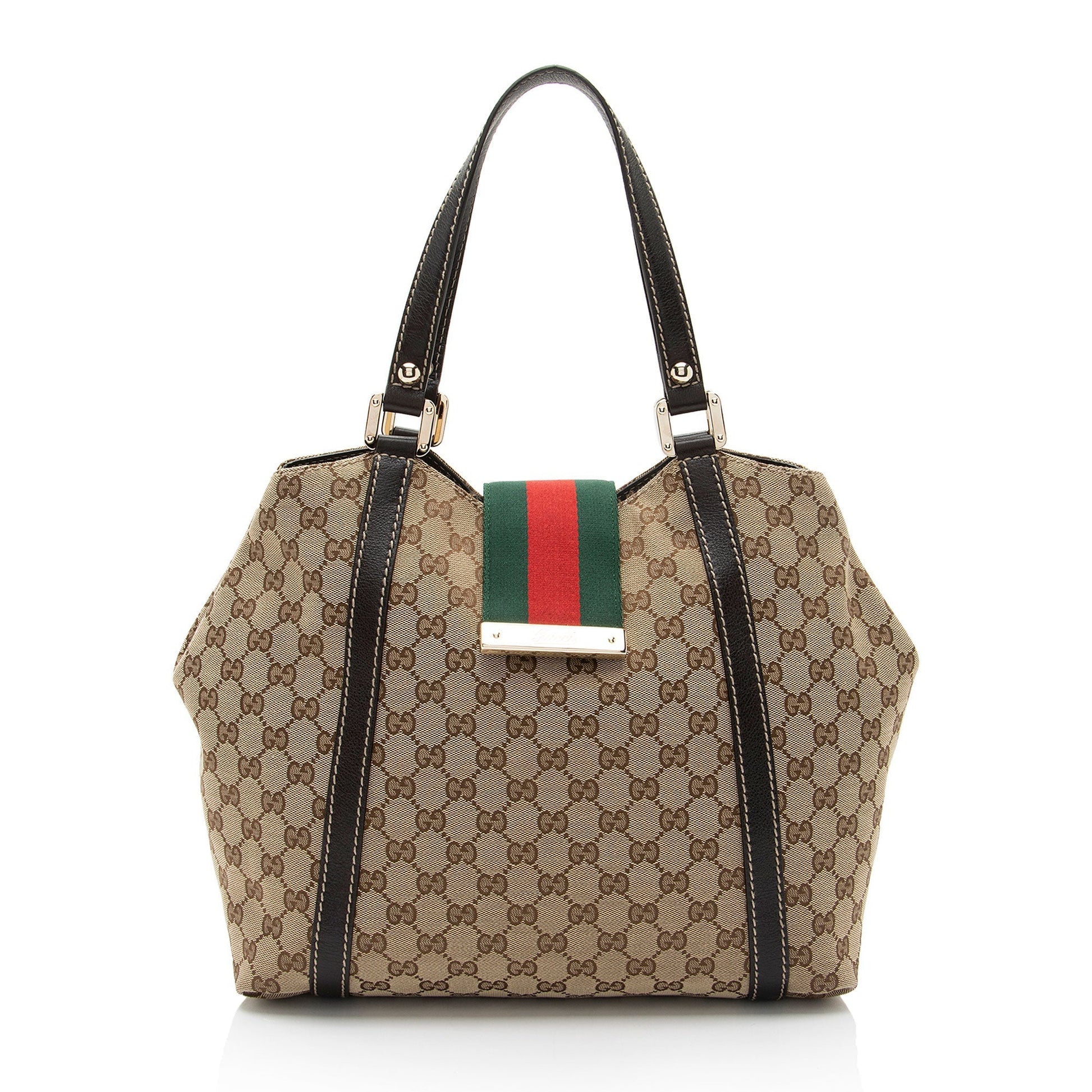 Gucci GG New Ladies Web SHF-eiujZp Leather Canvas Nylon Brown Tote Bag