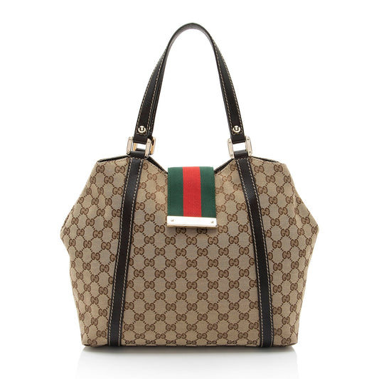 Gucci GG New Ladies Web SHF-eiujZp Leather Canvas Nylon Brown Tote Bag