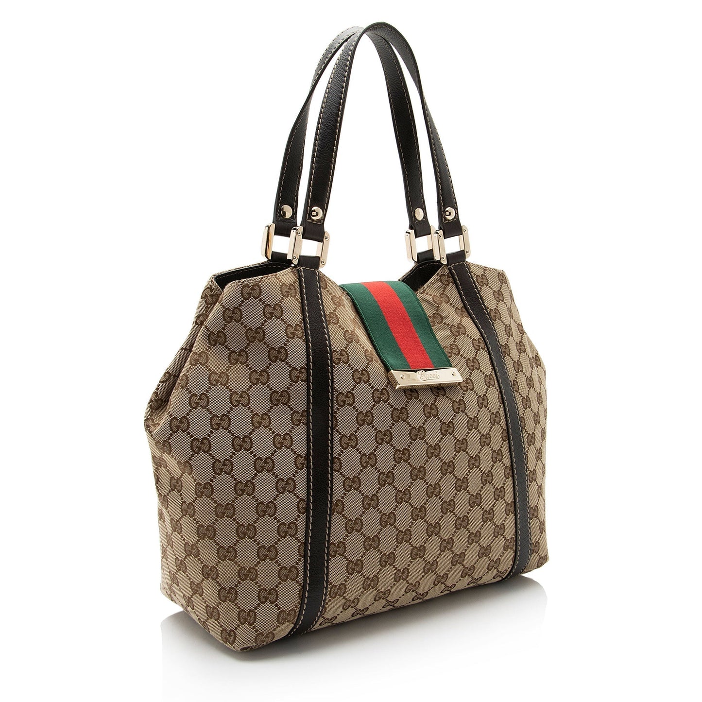 Gucci GG New Ladies Web SHF-eiujZp Leather Canvas Nylon Brown Tote Bag
