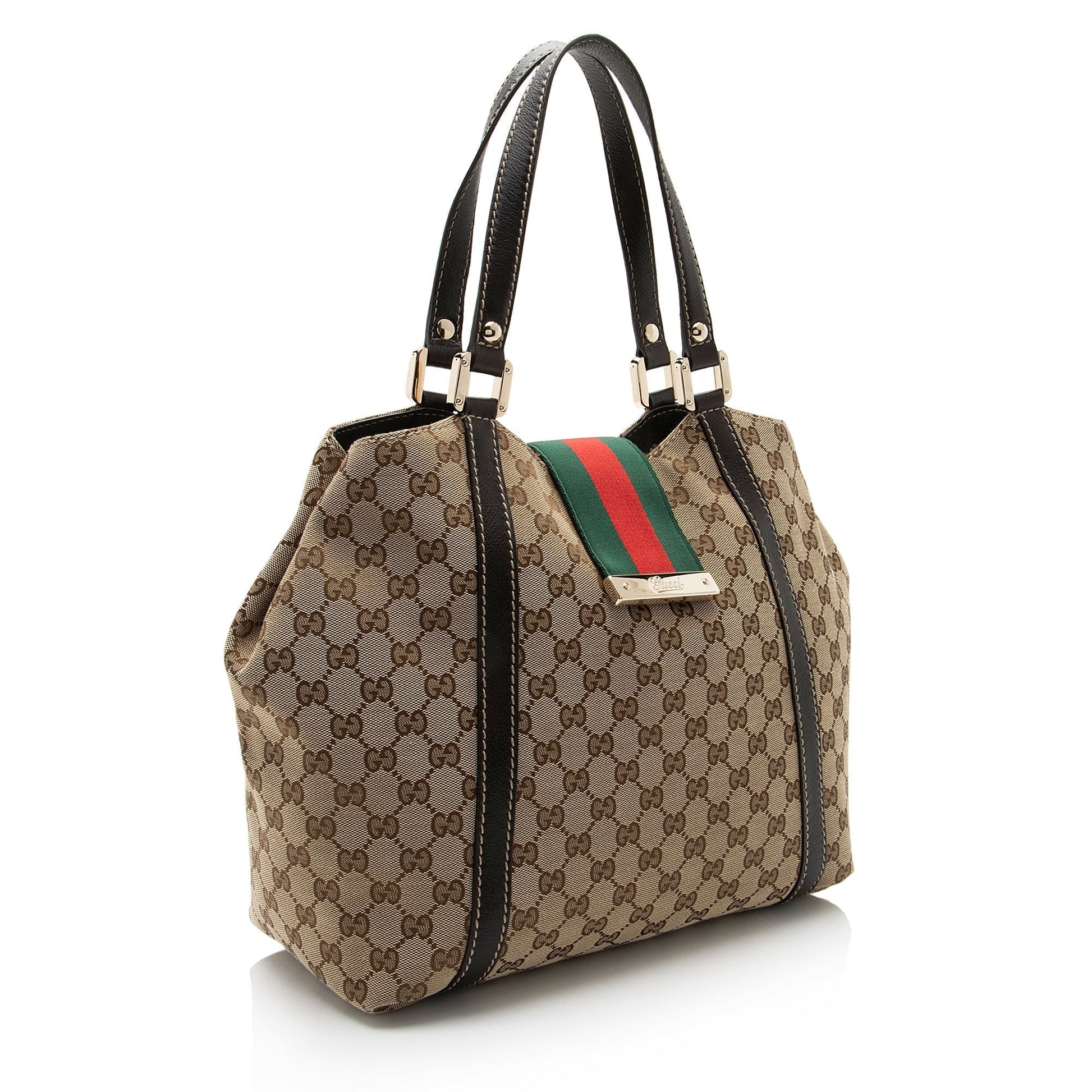 Gucci GG New Ladies Web SHF-eiujZp Leather Canvas Nylon Brown Tote Bag