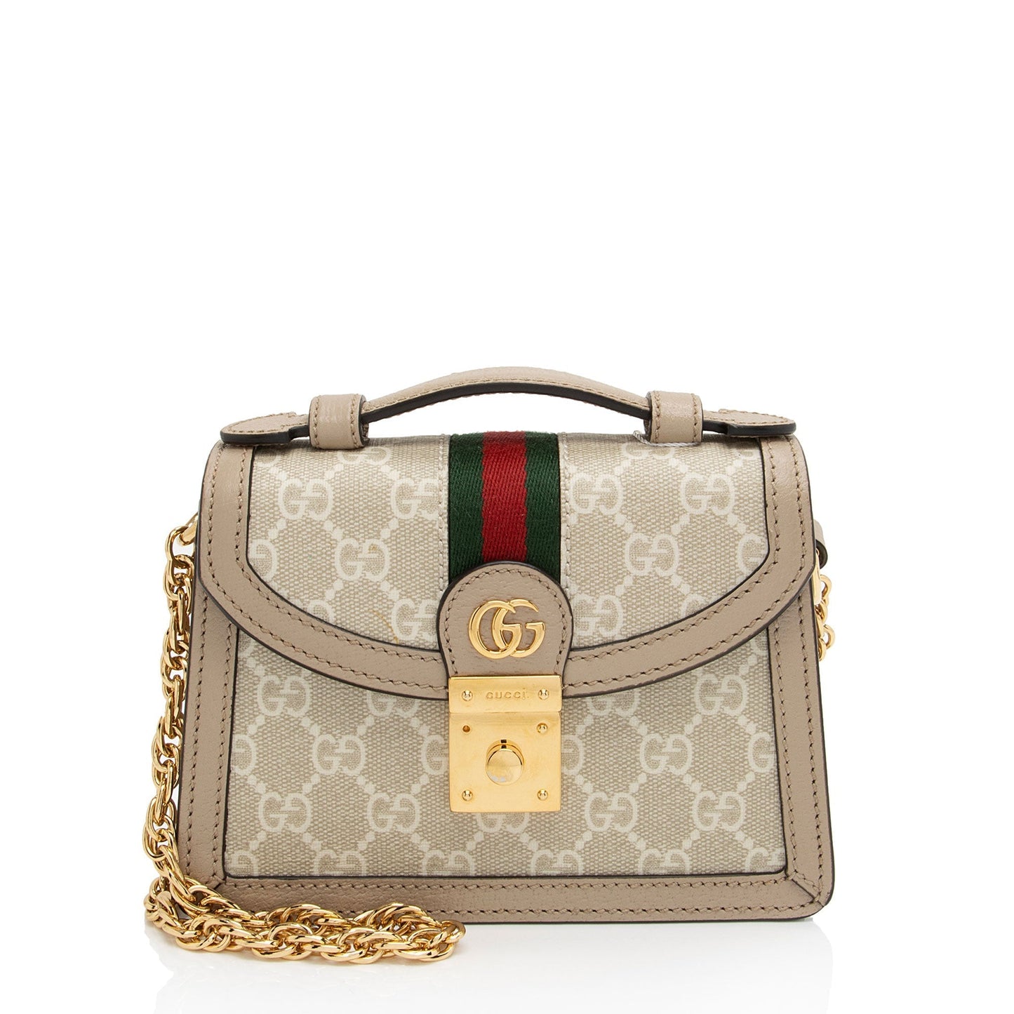 Gucci GG Ophidia Top Handle Leather Canvas White Beige Crossbody Bag