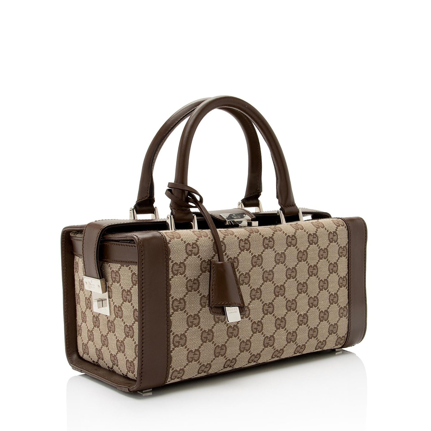 Gucci GG Padlock Top Handle Train Leather Canvas Brown Beige Travel Bag