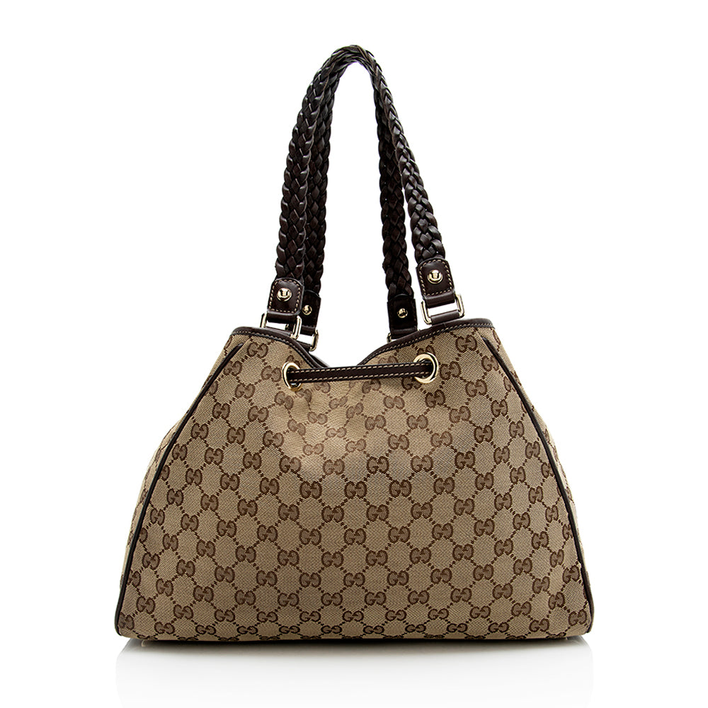 Gucci GG Peggy SHF Leather Canvas Brown Beige Shoulder Bag