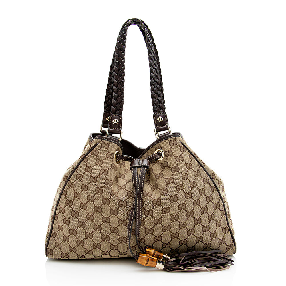 Gucci GG Peggy SHF Leather Canvas Brown Beige Shoulder Bag