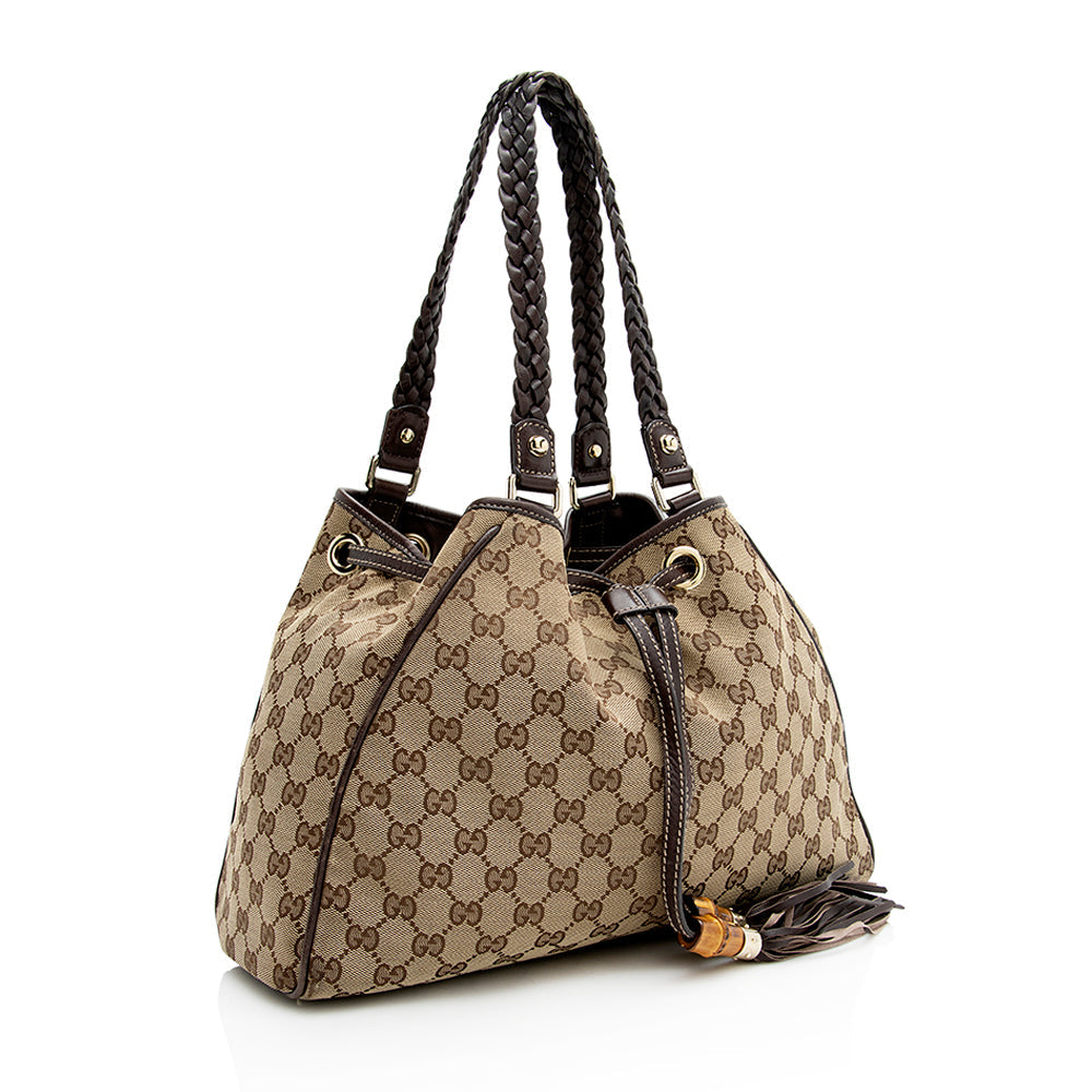 Gucci GG Peggy SHF Leather Canvas Brown Beige Shoulder Bag