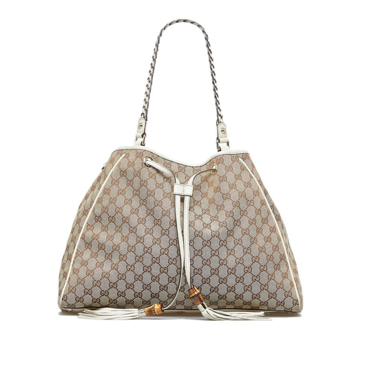 Gucci GG Peggy SHG-YDxBat Canvas Calf White Brown Tote Bag
