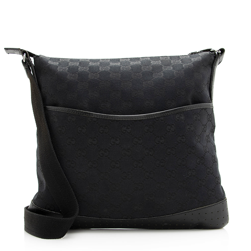 Gucci GG Perforated Messenger SHF Leather Canvas Black Crossbody Bag