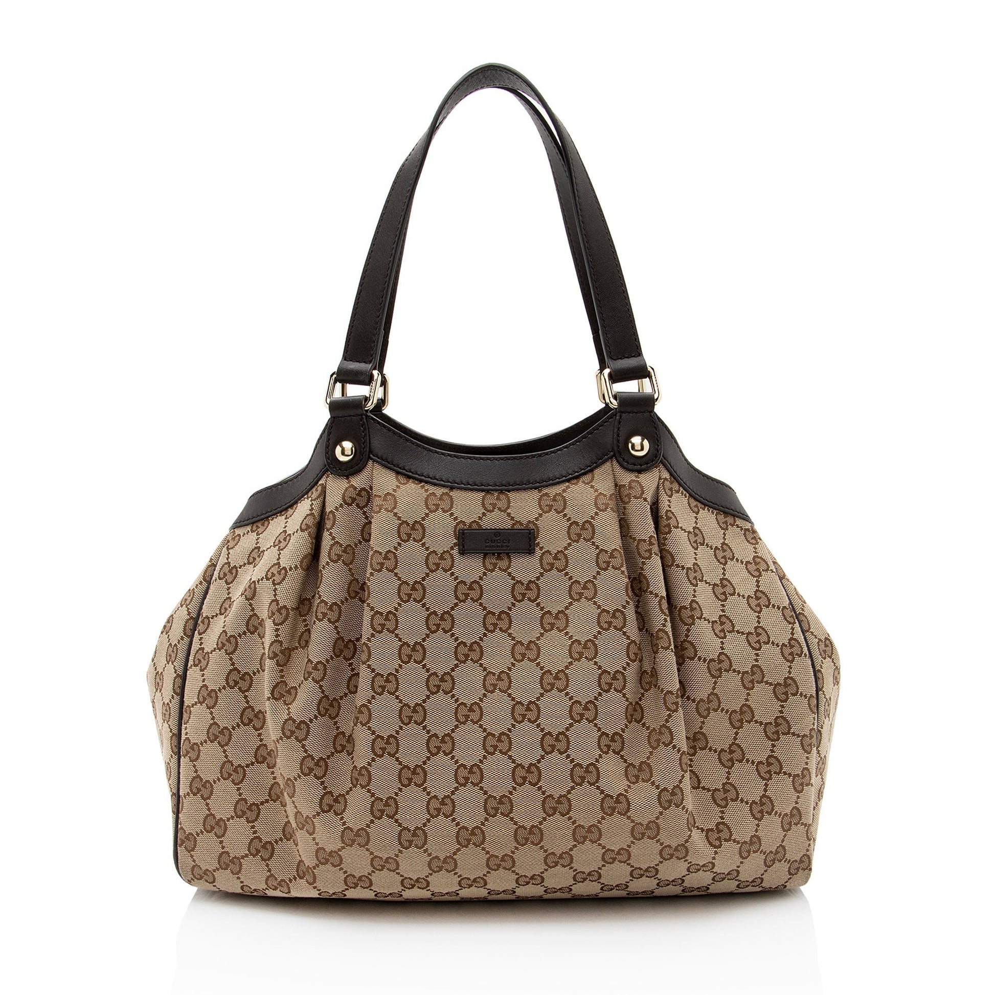 Gucci GG Pleated Leather Canvas Brown Beige Tote Bag