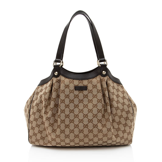 Gucci GG Pleated Leather Canvas Brown Beige Tote Bag