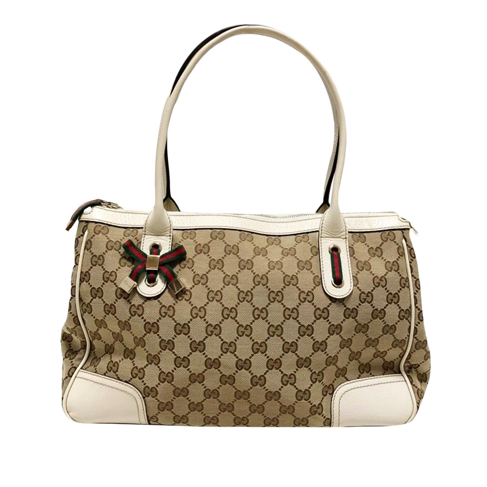 Gucci GG Princy SHG Canvas Calf White Brown Satchel Bag