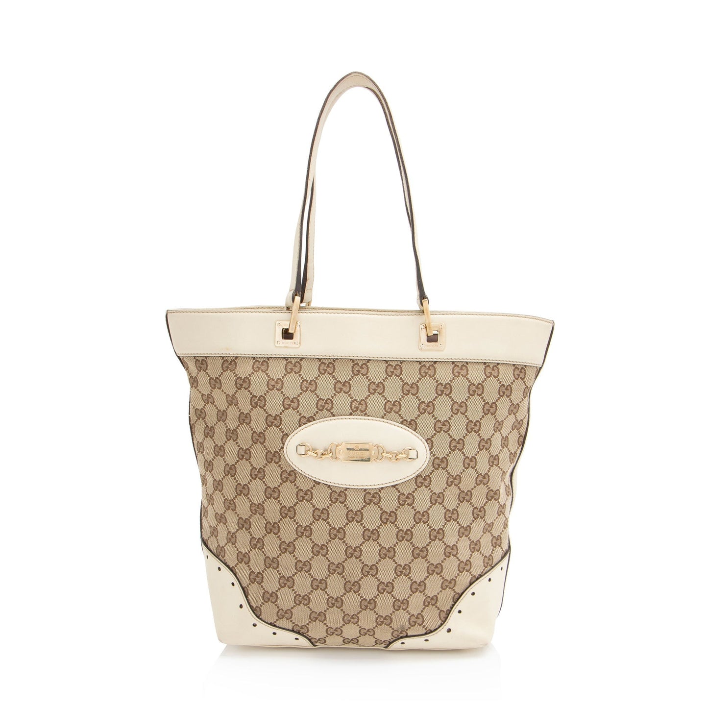 Gucci GG Punch Leather Canvas White Brown Tote Bag