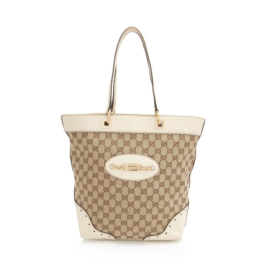 Gucci GG Punch Leather Canvas White Brown Tote Bag