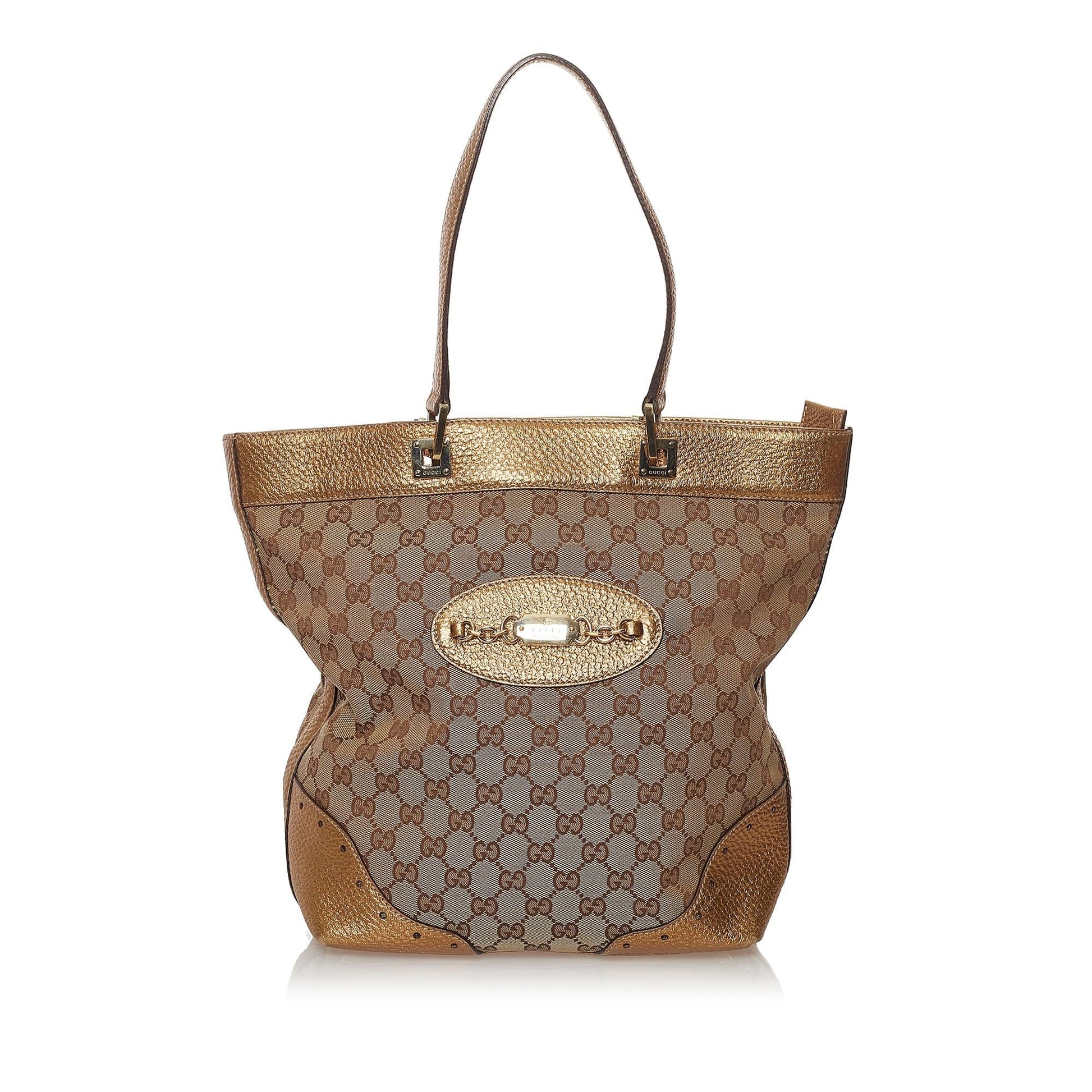 Gucci GG Punch SHG Canvas Calf Brown Gold Tote Bag
