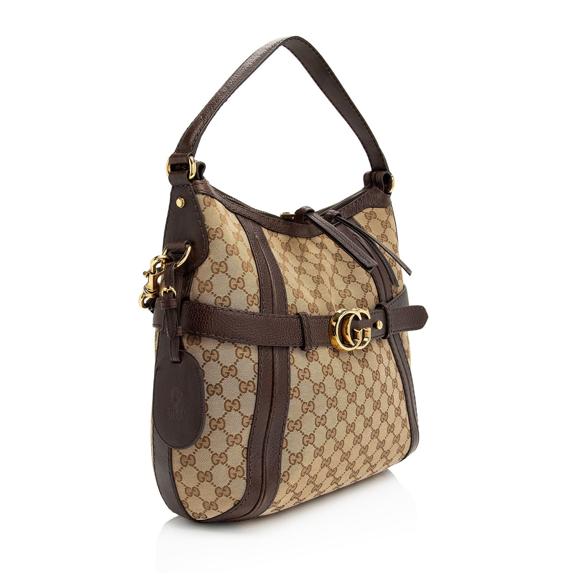 Gucci GG Running SHF-kbbOCL Leather Canvas Brown Beige Shoulder Bag