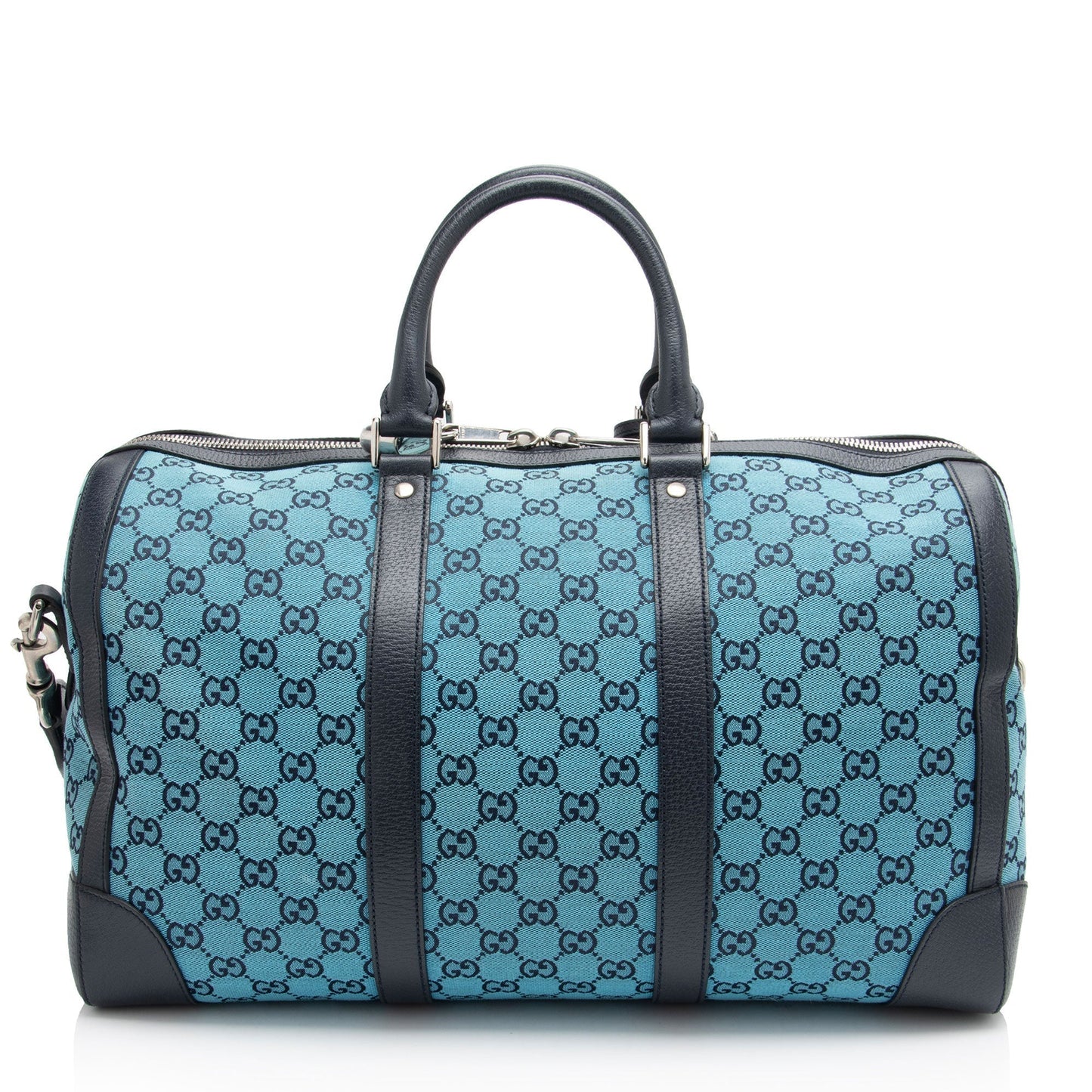 Gucci GG Savoy Duffle SHF-8zVTxr Leather Canvas Black Blue Travel Bag