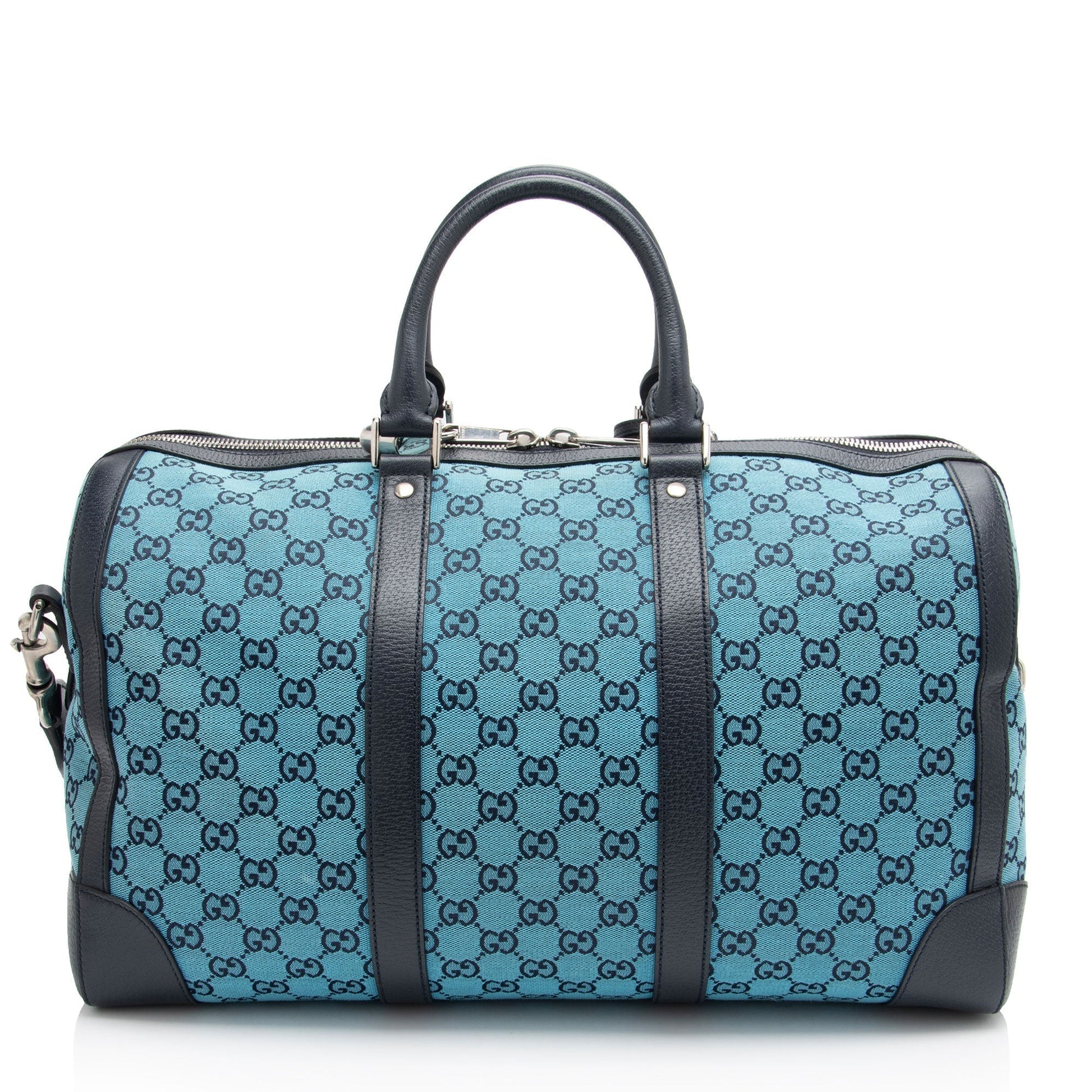 Gucci GG Savoy Duffle SHF-8zVTxr Leather Canvas Black Blue Travel Bag
