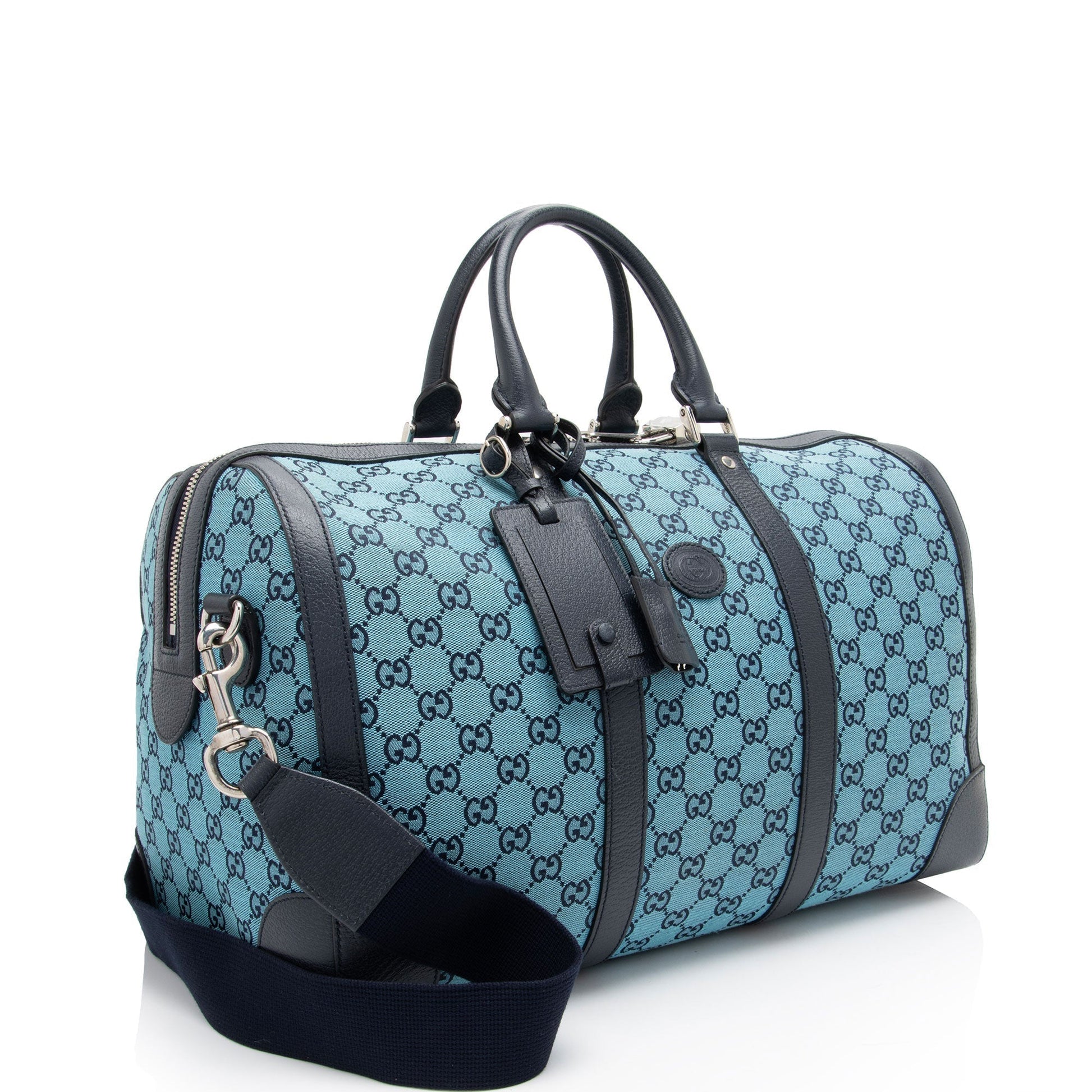 Gucci GG Savoy Duffle SHF-8zVTxr Leather Canvas Black Blue Travel Bag