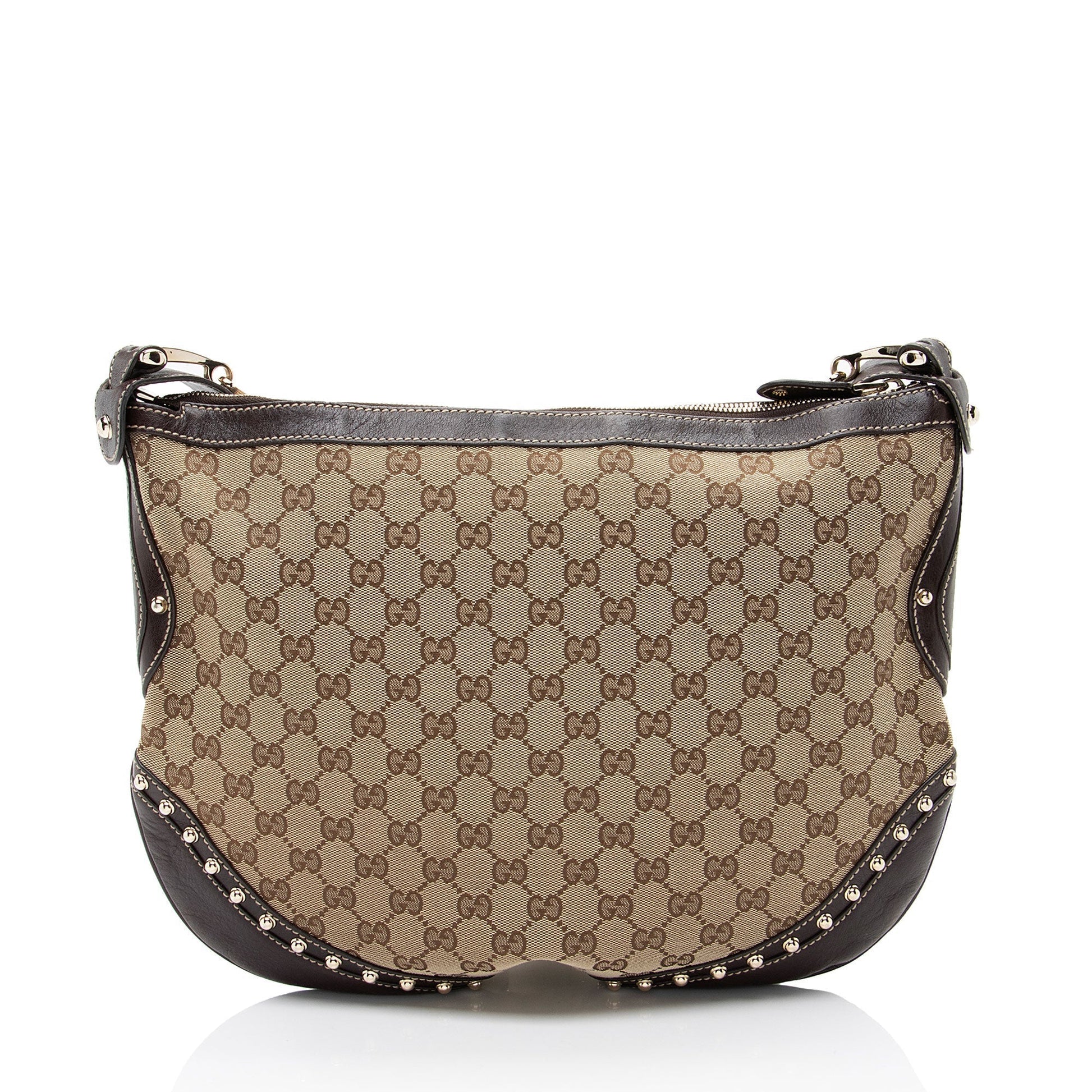 Gucci GG Studded Pelham Messenger Leather Canvas Nylon Brown Shoulder Bag