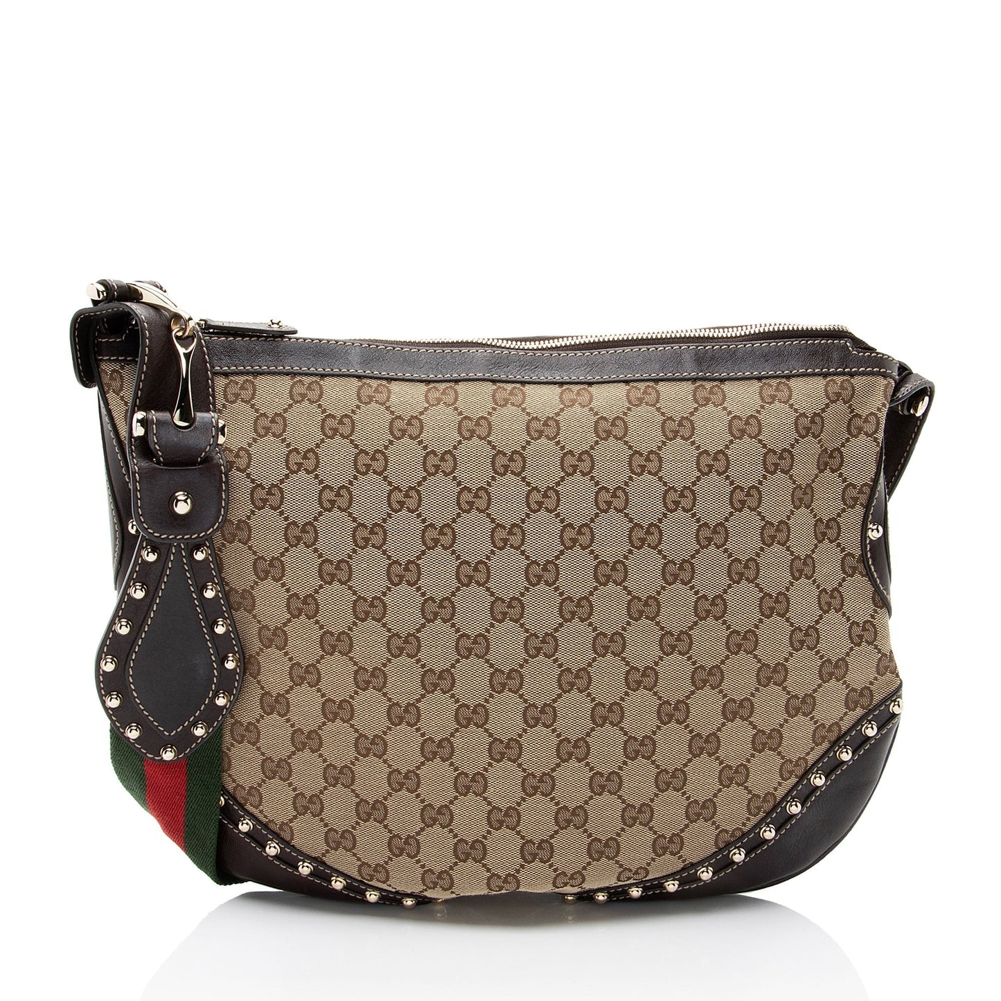 Gucci GG Studded Pelham Messenger Leather Canvas Nylon Brown Shoulder Bag