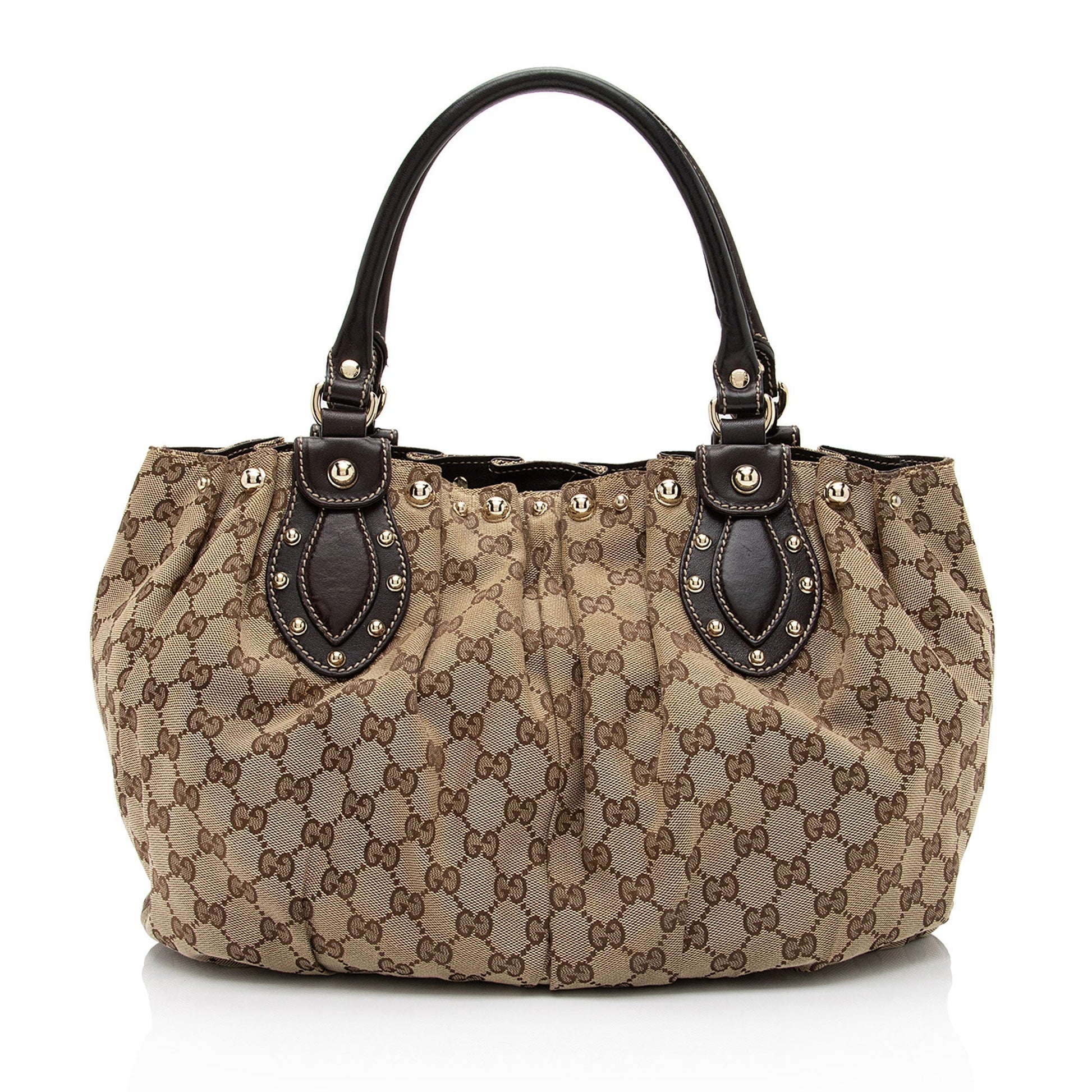 Gucci GG Studded Pelham SHF-YGNY3j Leather Canvas Brown Beige Tote Bag