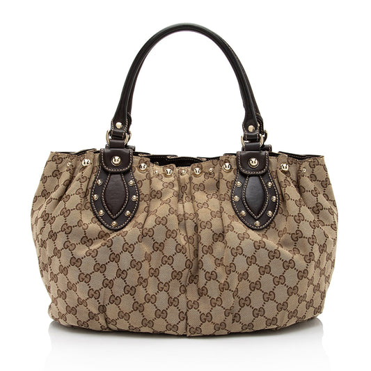 Gucci GG Studded Pelham SHF-YGNY3j Leather Canvas Brown Beige Tote Bag