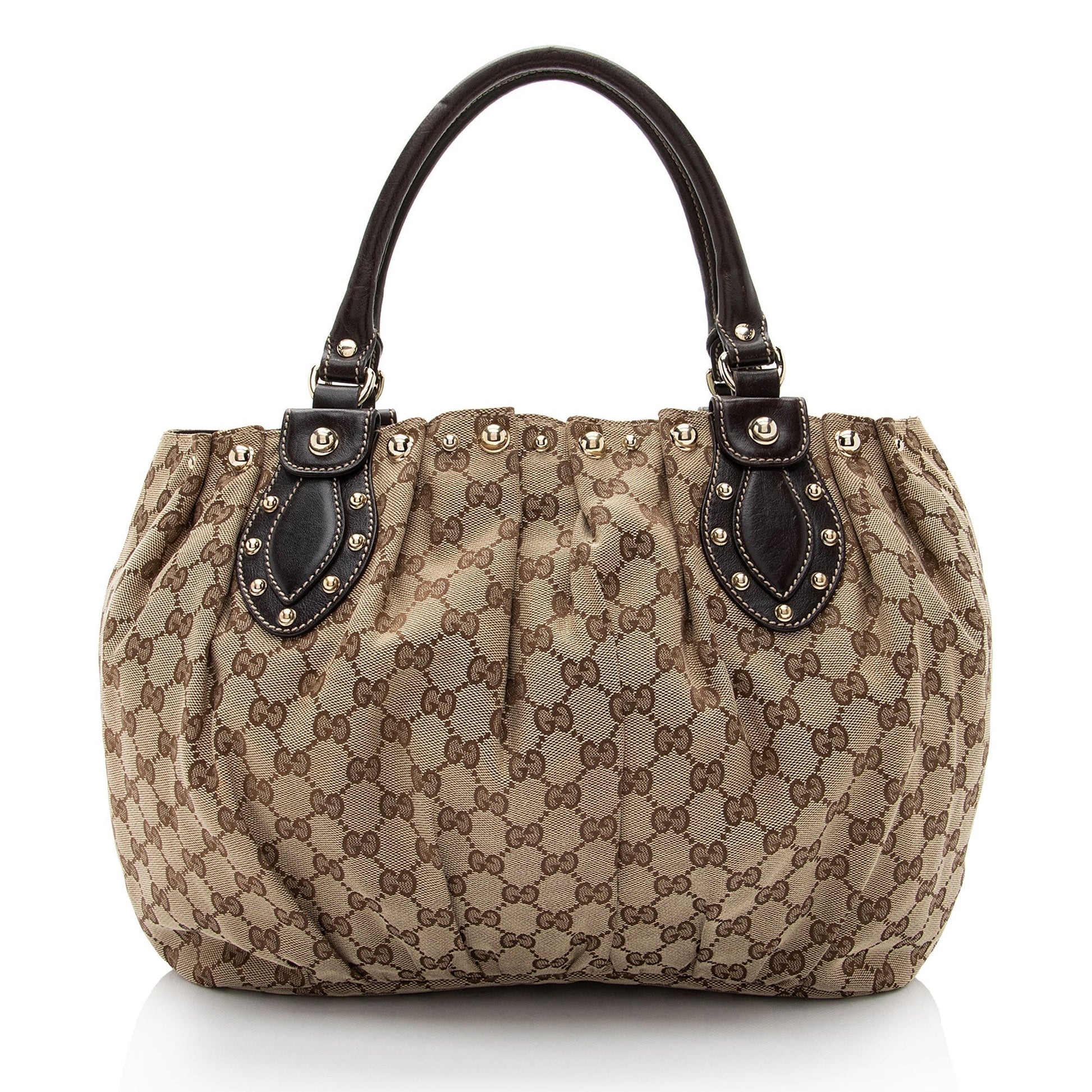 Gucci GG Studded Pelham SHF-7KOZII Leather Canvas Brown Beige Tote Bag