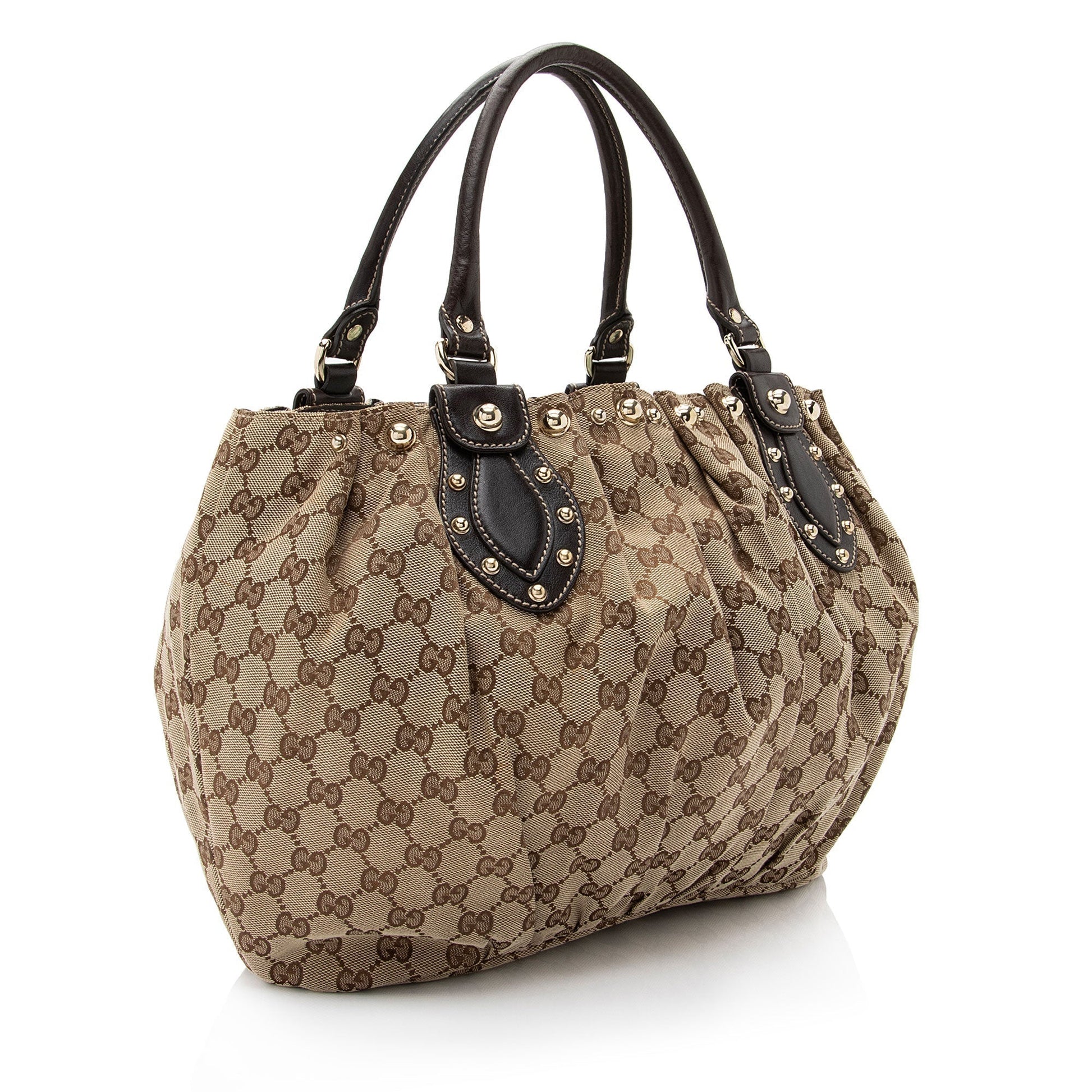 Gucci GG Studded Pelham SHF-7KOZII Leather Canvas Brown Beige Tote Bag
