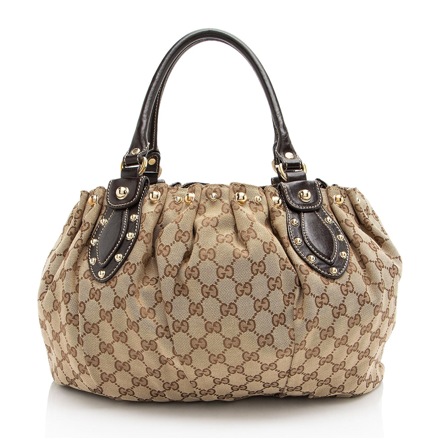 Gucci GG Studded Pelham Leather Canvas Brown Beige Tote Bag