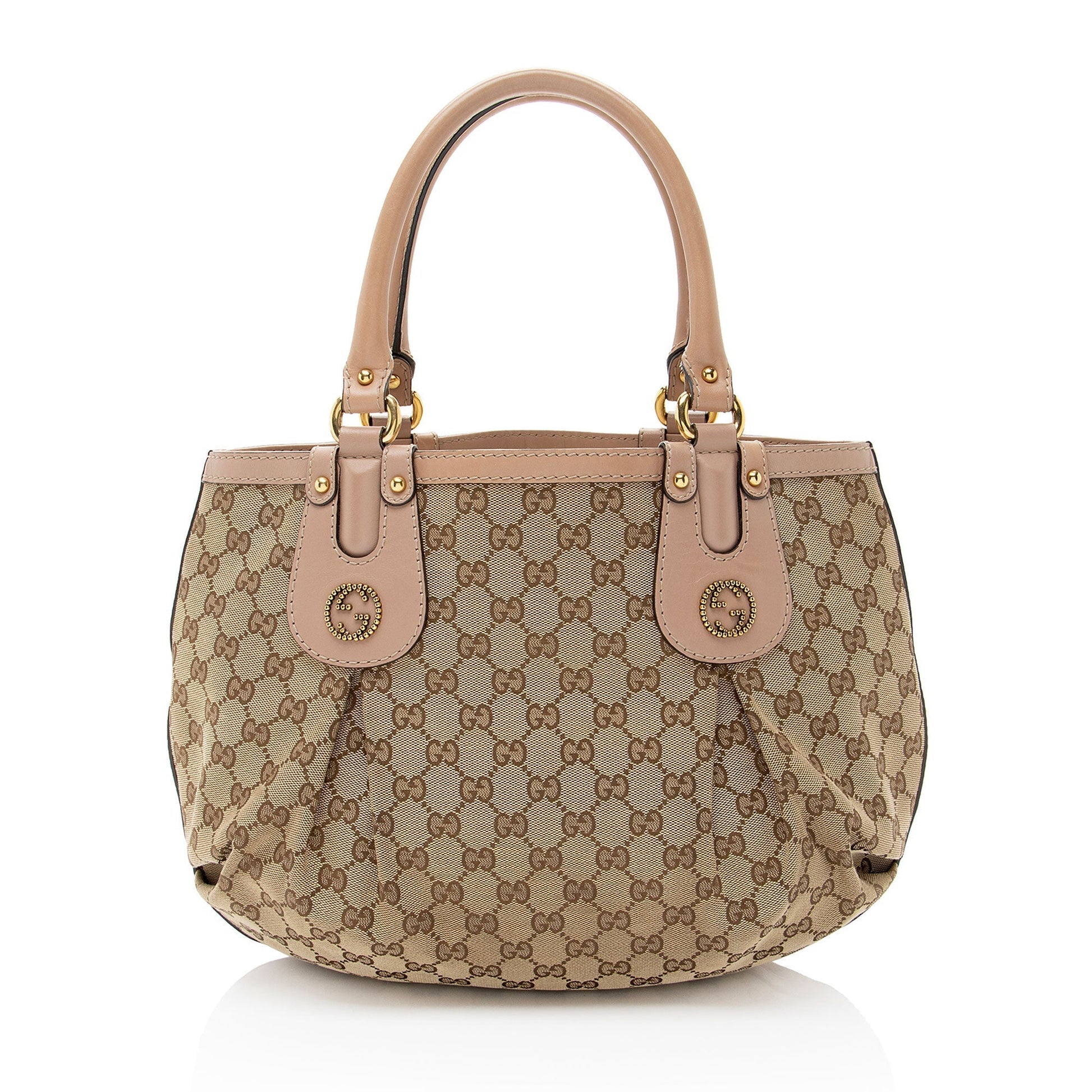 Gucci GG Studded Scarlett Leather Canvas Brown Pink Tote Bag
