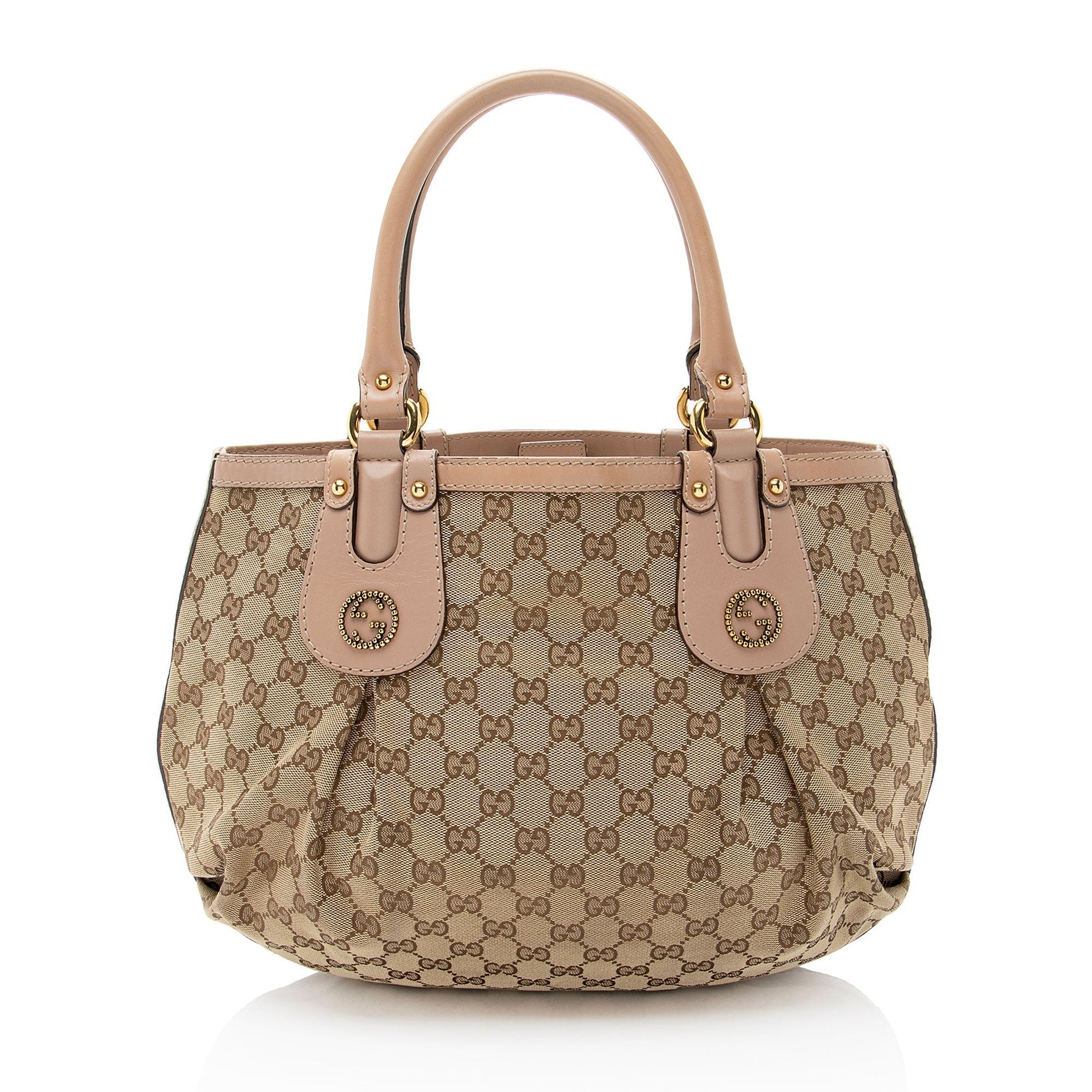 Gucci GG Studded Scarlett Leather Canvas Brown Pink Tote Bag