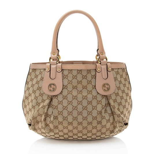 Gucci GG Studded Scarlett Leather Canvas Brown Pink Tote Bag