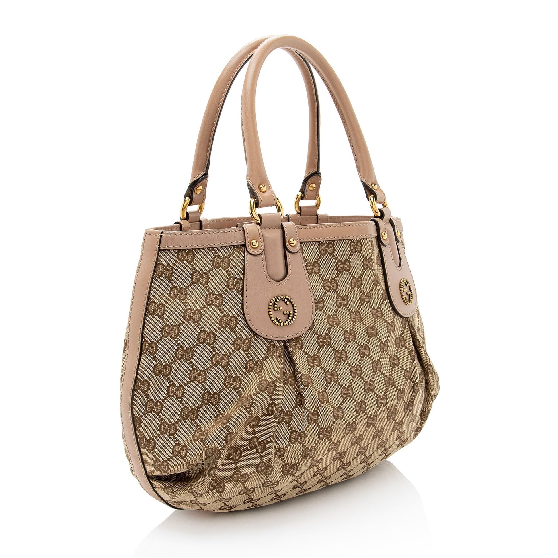 Gucci GG Studded Scarlett Leather Canvas Brown Pink Tote Bag
