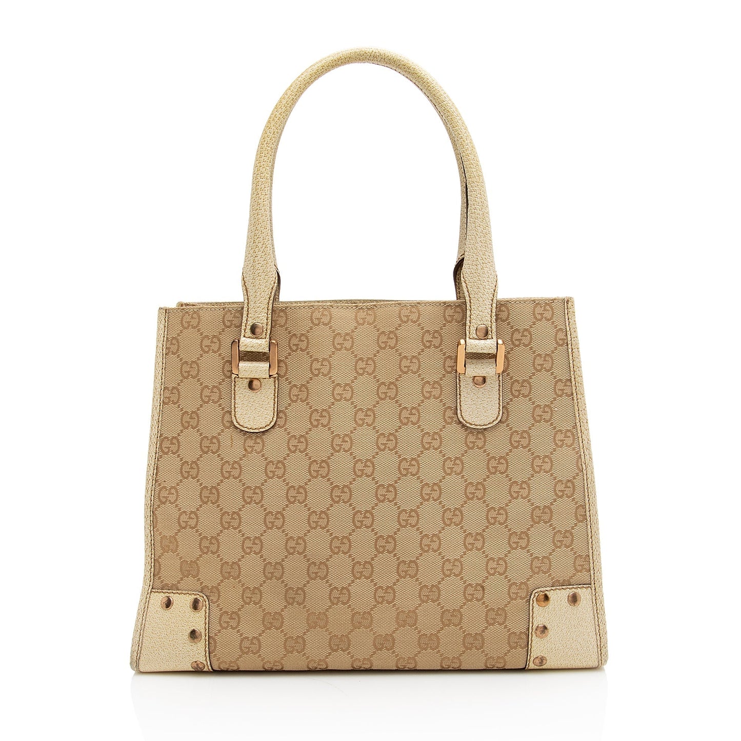 Gucci GG Studded SHF Leather Canvas Beige Tote Bag