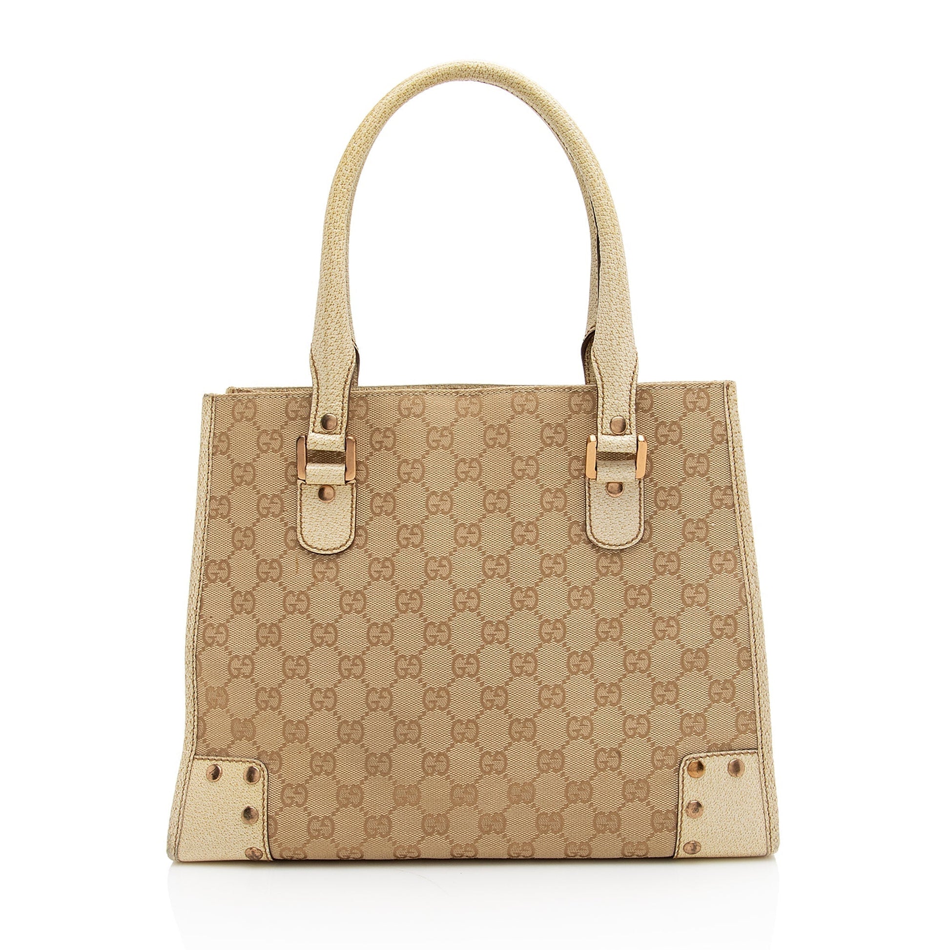 Gucci GG Studded SHF Leather Canvas Beige Tote Bag
