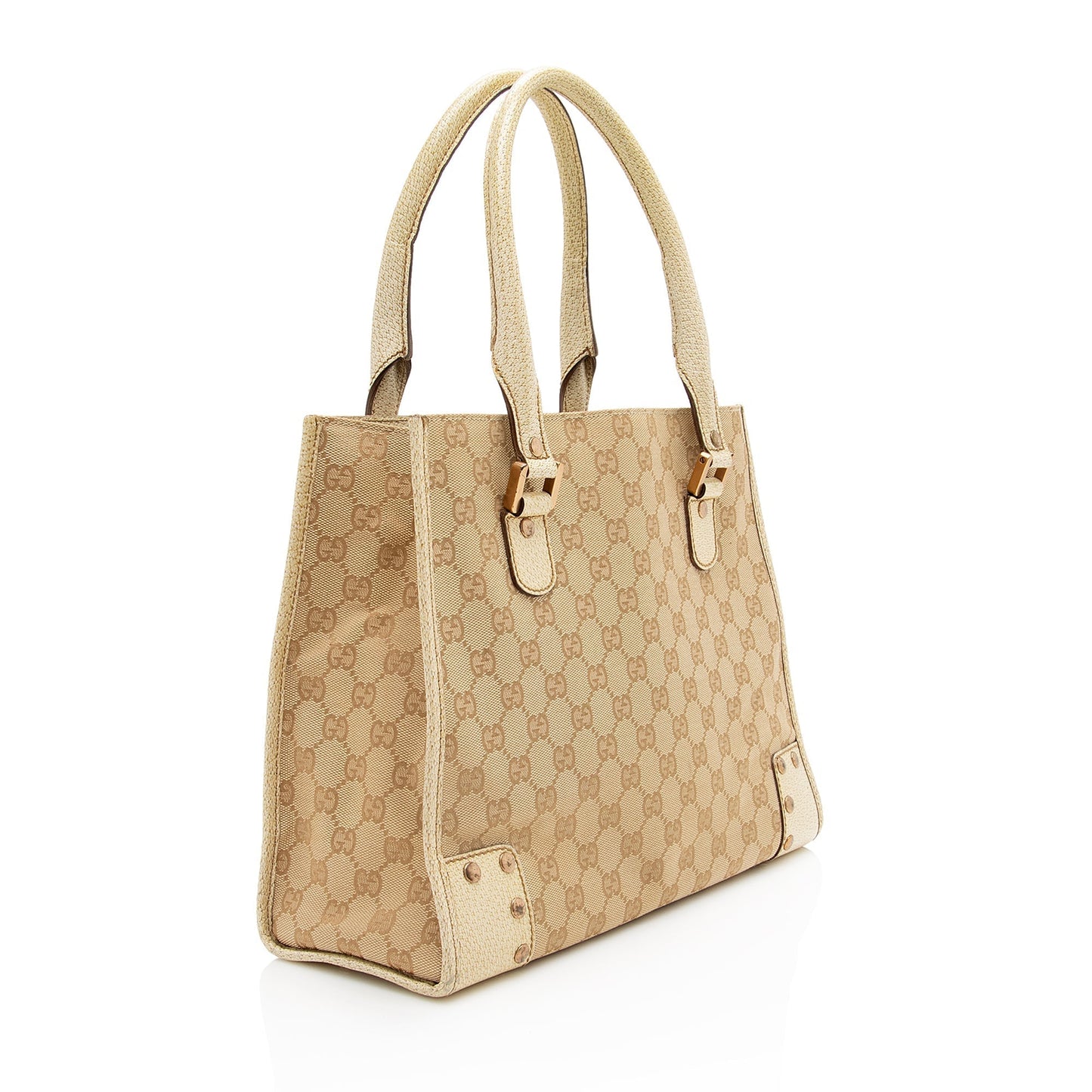 Gucci GG Studded SHF Leather Canvas Beige Tote Bag