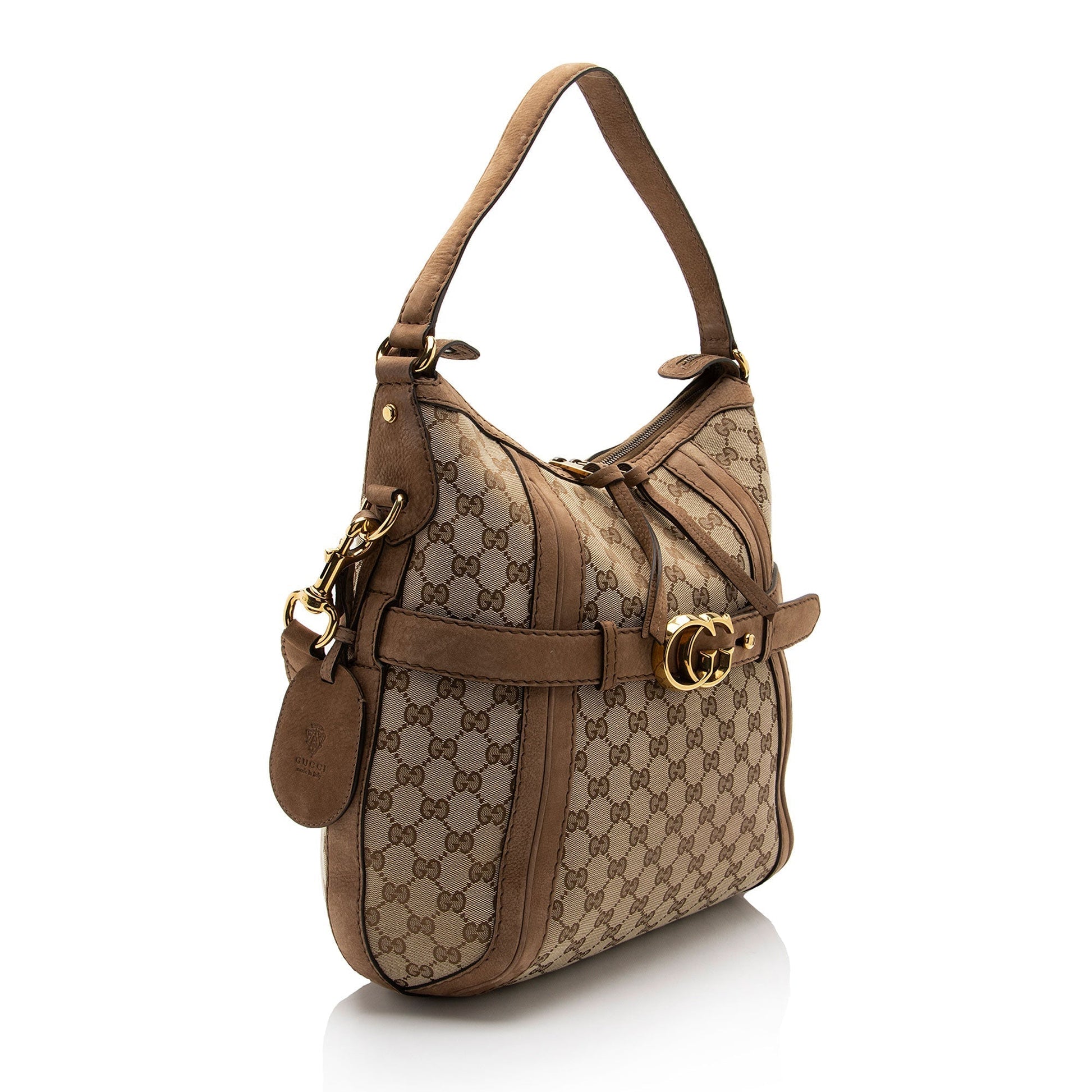Gucci GG Running SHF-FV9sin Canvas Suede Brown Beige Shoulder Bag