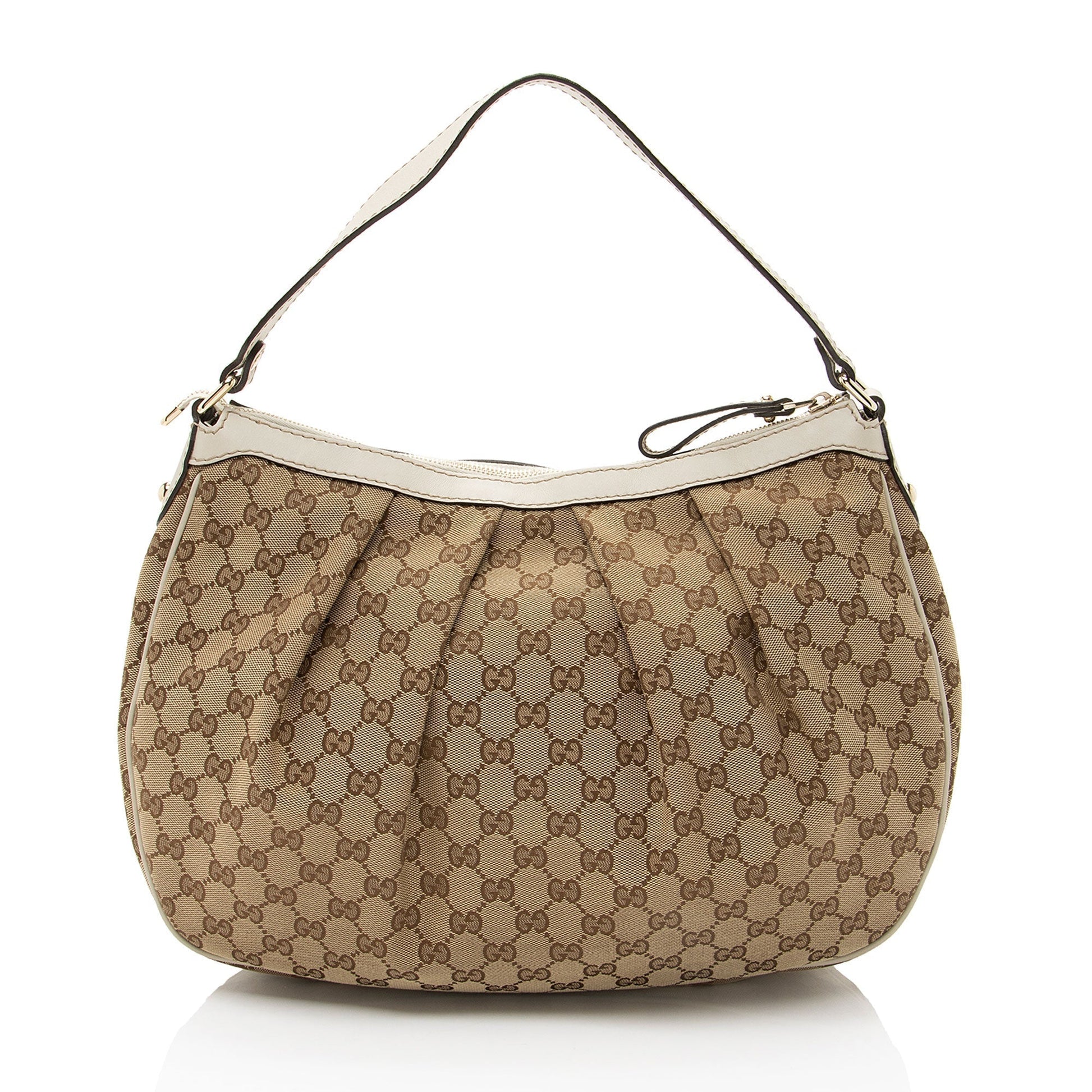 Gucci GG Sukey Leather Canvas White Beige Shoulder Bag